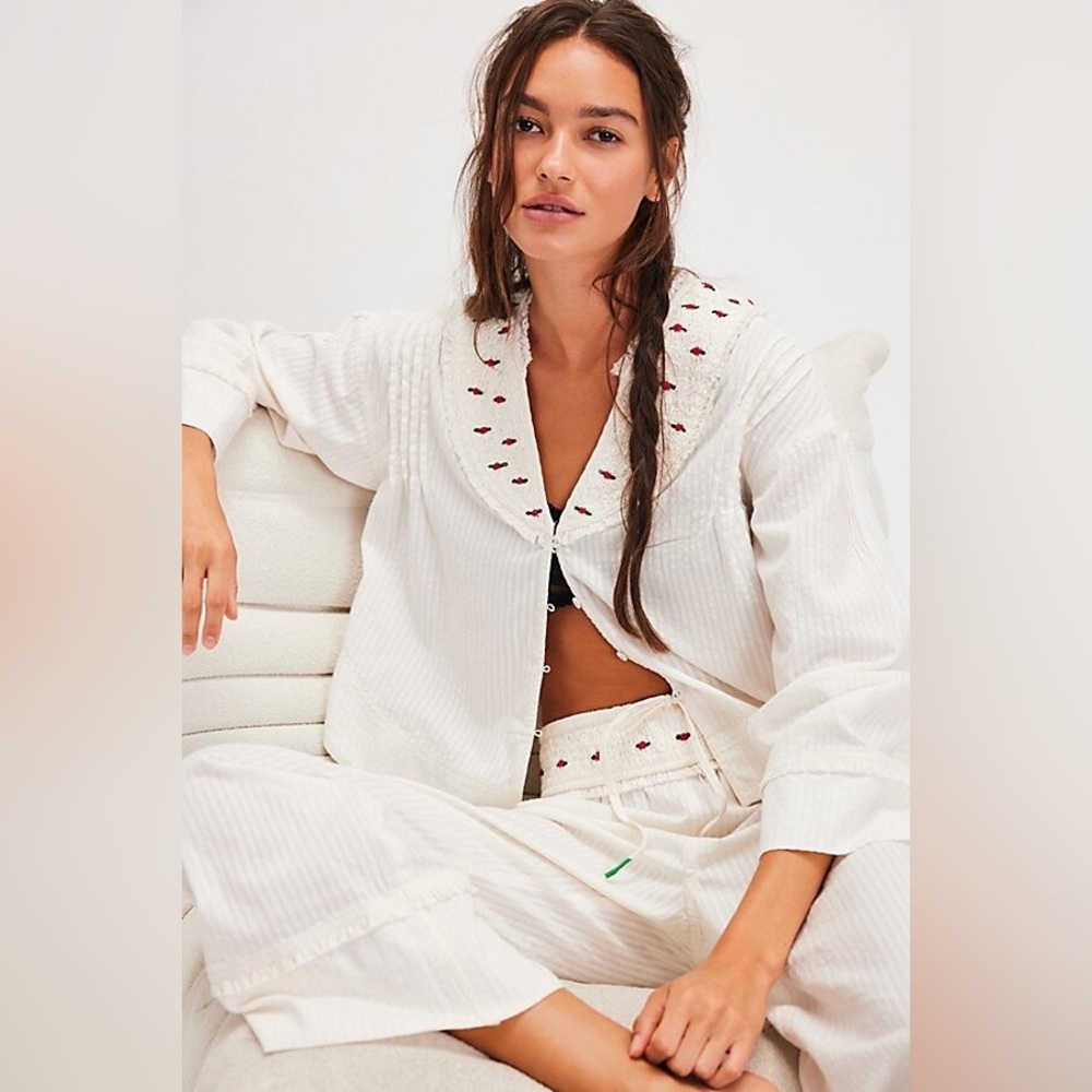 Free People Cream Embroidered Collar Button-Up Top